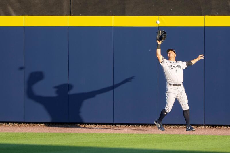 New York Yankees centre fielder Brett Gardner catches a fly ball hit by Toronto Blue Jays shortstop Bo Bichette, not pictured, during the third innings at Sahlen Field in Buffalo, New York. Reuters