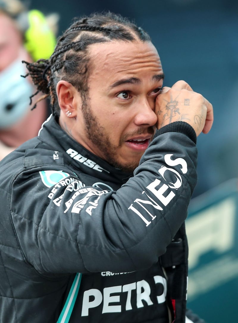 Lewis Hamilton gets emotional after winning the Turkish GP for Mercedes. AFP