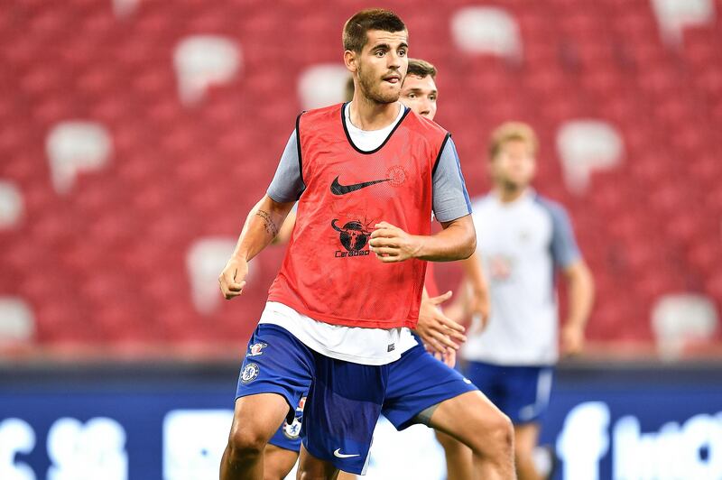 SINGAPORE - JULY 24: Alvaro Morata #9 of Chelsea FC looks for the ball during a Chelsea FC International Champions Cup training session at National Stadium on July 24, 2017 in Singapore.  (Photo by Thananuwat Srirasant/Getty Images  for ICC)
