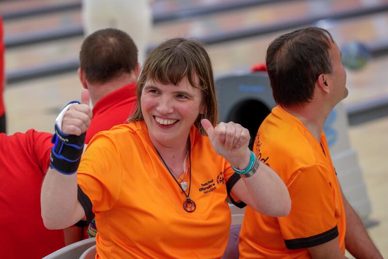 Abu Dhabi, March 19, 2019.  Special Olympics World Games Abu Dhabi 2019.  Bowling at Zayed Sports City.  Sandra Shreuder (NED)  gives a thumbs up to her fans.
Victor Besa/The National
