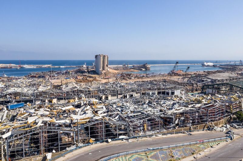 BEIRUT, LEBANON - AUGUST 07: An aerial view of ruined structures near the city's port, the site of Tuesday's explosion, on August 7, 2020 in Beirut, Lebanon. By Friday, the official death toll from Tuesday's blast stood at 145, with thousands injured. Public anger swelled over the possibility that government negligence over the storage of tons of ammonium nitrate was behind the catastrophe. (Photo by Haytham Al Achkar/Getty Images)