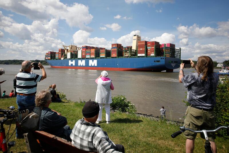 The HMM Algeciras, currently the world's largest container ship, departs from Hamburg Port during the novel coronavirus pandemic on June 10, 2020 in Hamburg, Germany. Getty Images