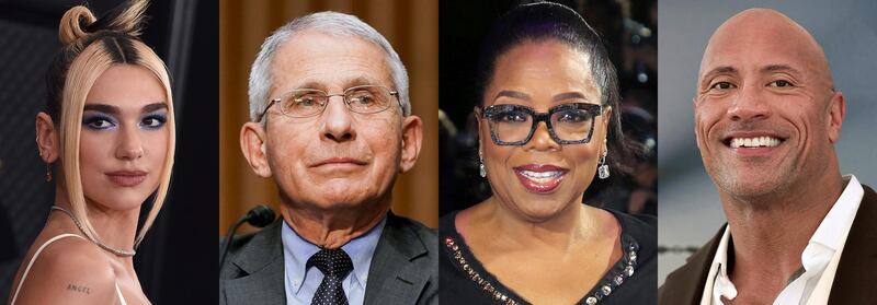 This combination photo shows singer Dua Lipa, from left, Dr. Anthony Fauci, Oprah Winfrey, and Dwayne â€œThe Rockâ€ Johnson, who are among the winners Tuesday at the Webby Awards, which recognize the best internet content and creators. The Webby Person of the Year went to Fauci for using digital and social media to reach the masses with credible and factual COVID-19 information. (AP Photo)