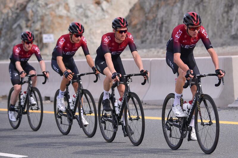 INEOS team rider Chris Froome of England (R) rides during the second stage of the UAE Cycling Tour from Hatta to Hatta Dam, on February 24, 2020. / AFP / GIUSEPPE CACACE
