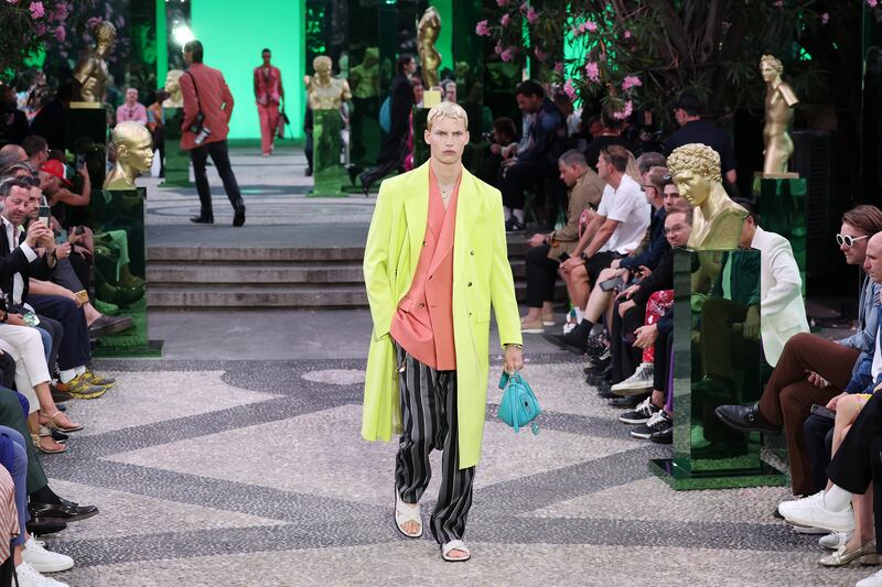 For spring/summer 2023, Versace uses dazzling colours such as lime, peach and brilliant blue. Getty Images