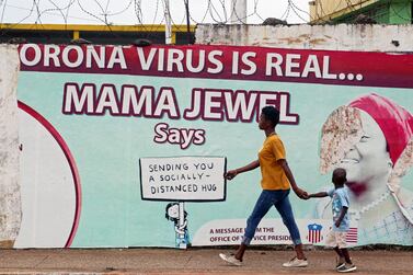 A mural with messages to curb the spread of the coronavirus, in Monrovia, Liberia, 6 September, 2020. EPA