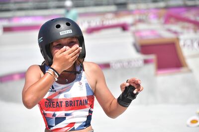 Britain's Sky Brown reacts during the women's park final.