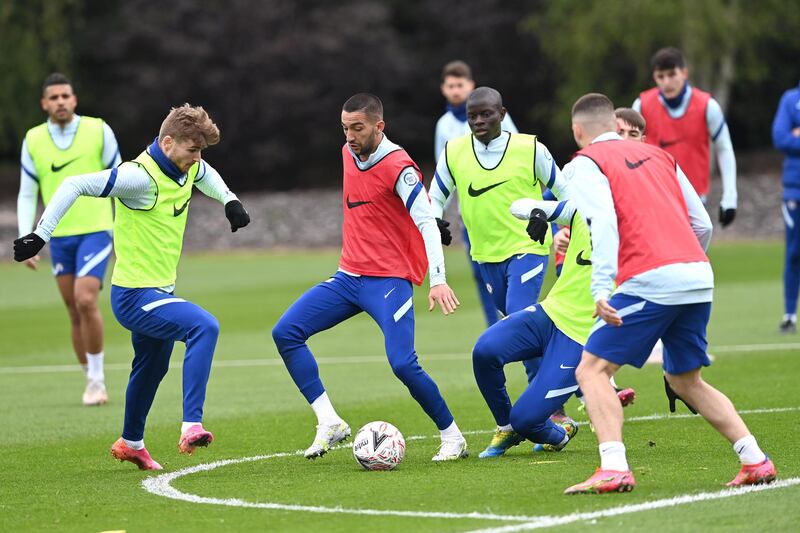 COBHAM, ENGLAND - MAY 14:  Timo Werner and Hakim Ziyech of Chelsea during a training session at Chelsea Training Ground on May 14, 2021 in Cobham, England. (Photo by Darren Walsh/Chelsea FC via Getty Images)