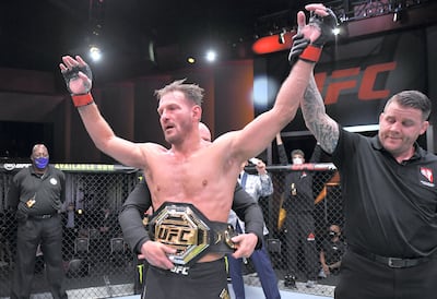 LAS VEGAS, NEVADA - AUGUST 15: Stipe Miocic celebrates after his victory over Daniel Cormier in their UFC heavyweight championship bout during the UFC 252 event at UFC APEX on August 15, 2020 in Las Vegas, Nevada. (Photo by Jeff Bottari/Zuffa LLC)
