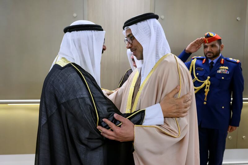 Sheikh Mansour bin Zayed, Vice President, Deputy Prime Minister and Chairman of the Presidential Court, with Sheikh Meshal in Abu Dhabi. Hamad Al Kaabi / UAE Presidential Court 
