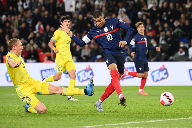 November 13, 2021. France 8 (Mbappe 6', 12', 32', 87', Benzema 55', 59', Rabiot 75', Griezmann pen 84') Kazakhstan 0: Kylian Mbappe notched his first hat-trick for France as the reigning world champions secured their place at next year's World Cup in Qatar in style. It was the first hat-trick by a France player in a competitive international since Dominique Rocheteau in 1985. "A World Cup is a dream, an aim, it's everything and ... We're going over there to win it," Mbappe said. AFP