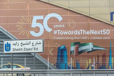 DUBAI, UNITED ARAB EMIRATES. 20 MARCH 2021. 50 Year celebration message of the forming of the UAE on a Dubai Metro station. (Photo: Antonie Robertson/The National) Journalist: None. Section: National.