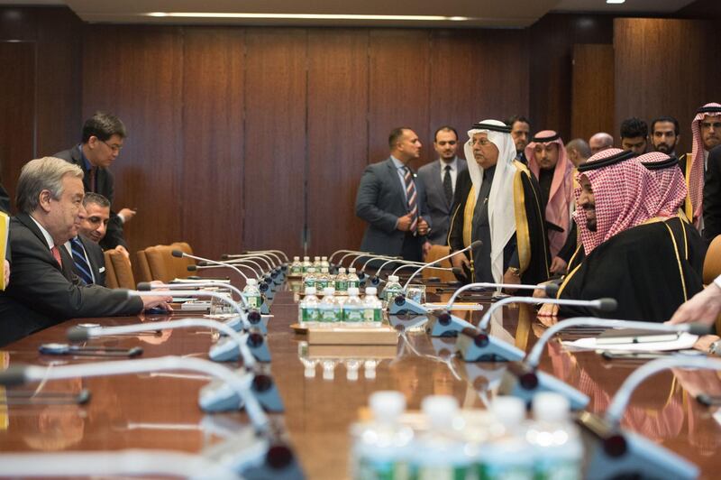 United Nations Secretary-General Antonio Guterres (L) meets with Prince Mohammed bin Salman at the United Nations on March 27, 2018 in New York. Bryan R Smith / AFP