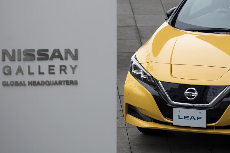 A Nissan Motor Co. Leaf electric vehicle is displayed outside the company's headquarters in Yokohama, Japan, on Monday, Dec. 3, 2018. Nissan's independent board members met on Nov. 4 to select Carlos Ghosn's successor as chairman, with their choice to replace the arrested car titan an indicator of the direction the automaker will likely take in its alliance with Renault SA. Photographer: Tomohiro Ohsumi/Bloomberg