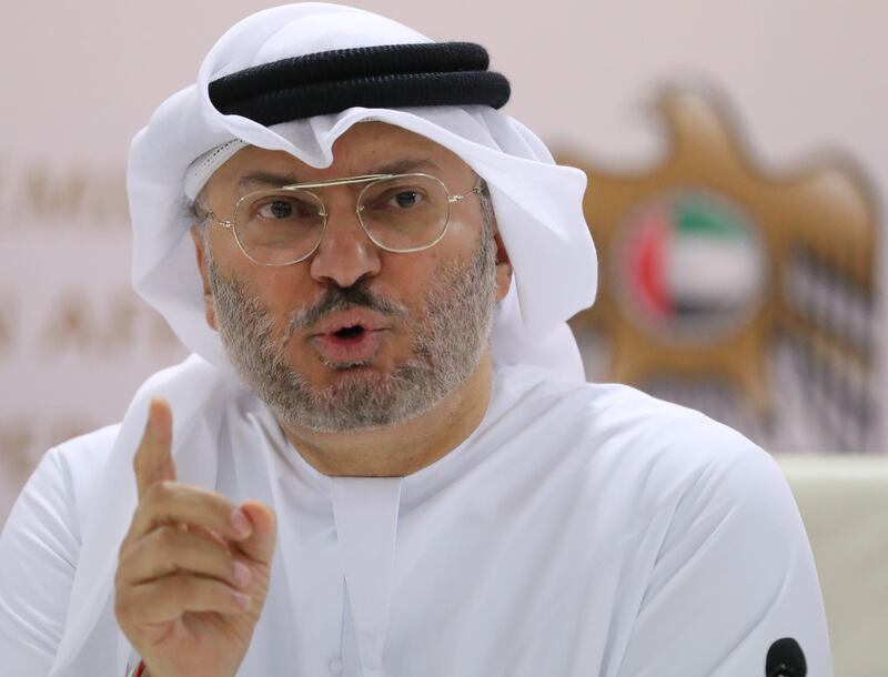 Emirati Foreign Minister Anwar Gargash speaks during a press conference in Dubai on June 18, 2018. The United Arab Emirates, part of a Saudi-led Arab military alliance in Yemen, warned Huthi rebels to withdraw from the key port city of Hodeida as coalition-backed government forces advance.
The "Hodeida port operation will continue unless rebels withdraw unconditionally,"  Gargash told a press conference in Dubai.
 / AFP / KARIM SAHIB
