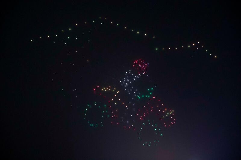 DUBAI, UNITED ARAB EMIRATES. 06 JANUARY 2021. Drone light show at The Beach against the backdrop of Ain Dubai. (Photo: Antonie Robertson/The National) Journalist: None. Section: National.