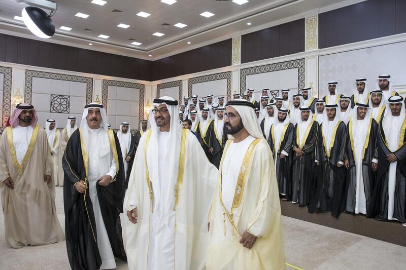 Sheikh Mohammed bin Zayed, Crown Prince of Abu Dhabi and Deputy Supreme Commander of the Armed Forces, and Sheikh Mohammed bin Rashid, Vice President and Ruler of Dubai, attend a group wedding at Mushrif Palace. Seen with Sheikh Ammar bin Humaid, Crown Prince of Ajman, and Sheikh Saud bin Rashid Al Mu’alla, Ruler of Umm Al Quwain. Ryan Carter / Crown Prince Court - Abu Dhabi