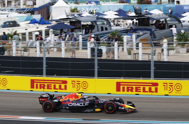 Red Bull driver Sergio Perez on track during practice ahead of the F1 Grand Prix of Miami. Getty
