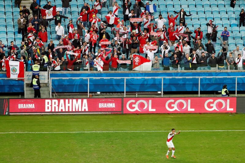Peru's Christian Cuevas celebrates the victory during the Copa America 2019 semi-finals soccer match between Chile and Peru at Arena do Gremio Stadium in Porto Alegre, Brazil. EPA