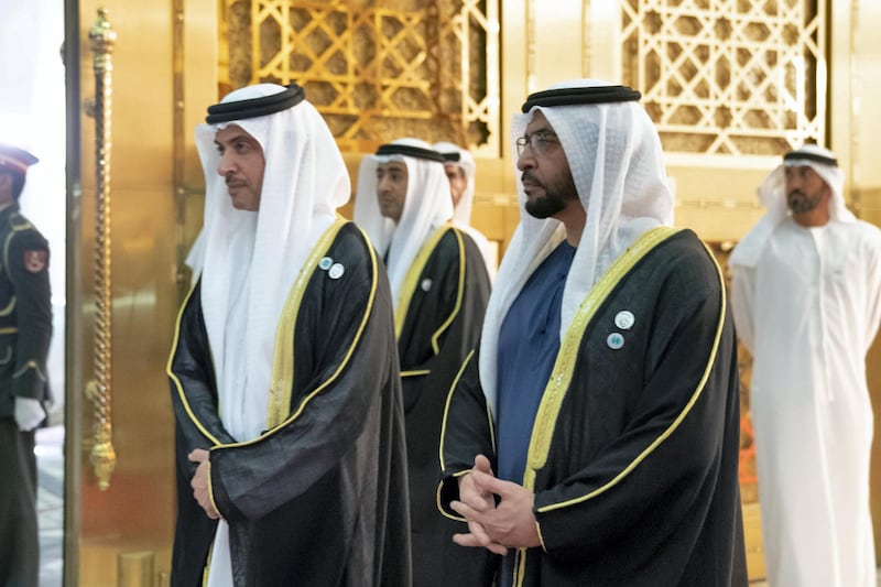 ABU DHABI, UNITED ARAB EMIRATES - February 03, 2019: Day one of the UAE papal visit - HH Sheikh Hazza bin Zayed Al Nahyan, Vice Chairman of the Abu Dhabi Executive Council (L) and HH Sheikh Hamdan bin Zayed Al Nahyan, Ruler’s Representative in Al Dhafra Region (R),  receive His Holiness Pope Francis, Head of the Catholic Church (not shown) and His Eminence Dr Ahmad Al Tayyeb, Grand Imam of the Al Azhar Al Sharif (not shown), at the Presidential Airport.

( Mohamed Al Hammadi / Ministry of Presidential Affairs )
---