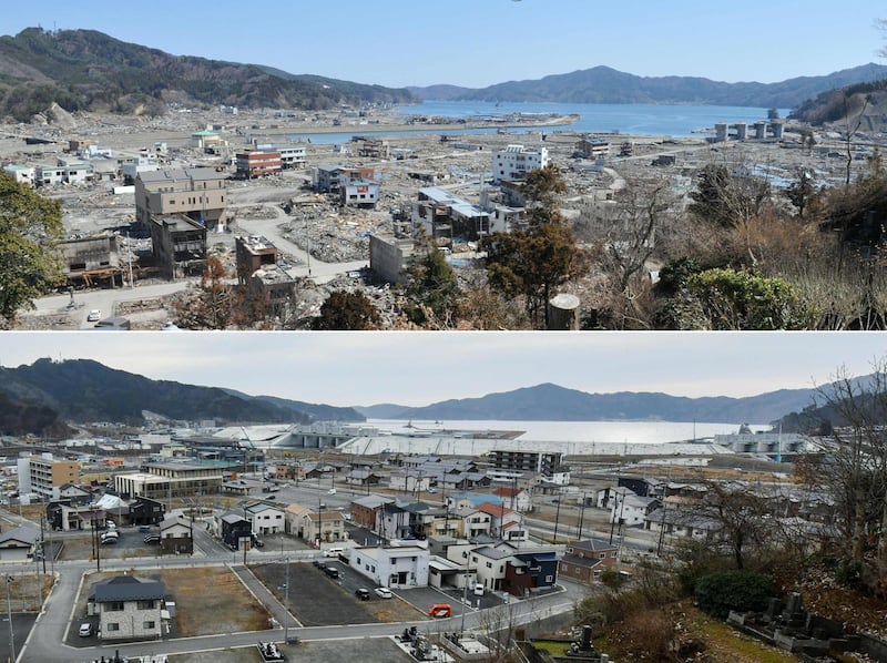 Top, the town of Otsuchi, Iwate Prefecture, was damaged by the tsunami on March 11, 2011; below, and the same area 10 years. AFP