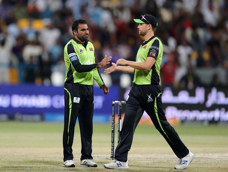 Abu Dhabi, United Arab Emirates - November 24, 2019: Qalandars Sultan Ahmed takes the wicket of Tigers' Riley Rousseau during the 3rd 4th place playoff game between the Bangla Tigers and the Qalandars in the Abu Dhabi T10 league. Sunday, November 24th, 2017 at Zayed Cricket Stadium, Abu Dhabi. Chris Whiteoak / The National