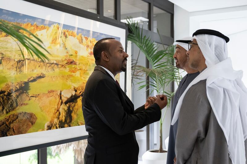 President Sheikh Mohamed and Sheikh Mansour bin Zayed, Vice President, Deputy Prime Minister and Minister of the Presidential Court, speak with Mr Abiy after their arrival in Addis Ababa