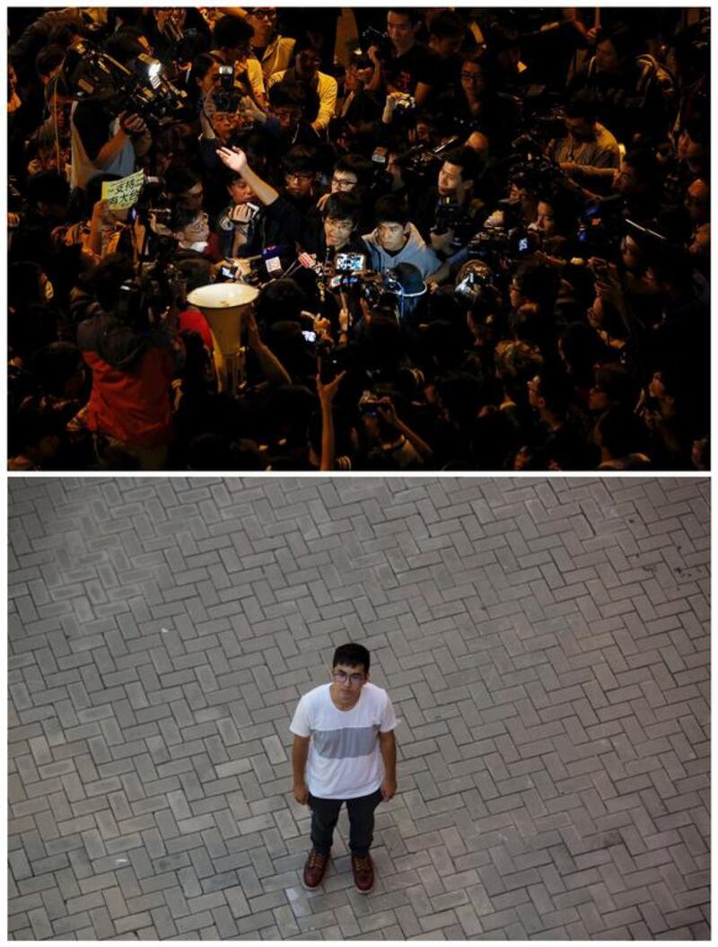 Top, Alex Chow (centre left), secretary-general of the Hong Kong Federation of Students, at an Occupy Central protest site outside government headquarters in Hong Kong on November 21, 2014, and bottom, Chow in the same location on September 24, 2015. Looking back at the movement Chow said: "I think this is the glory of the people of Hong Kong. Have you ever seen Hong Kong people coming out to block streets and saying they need change? At that moment, you saw a totally different aspect of Hong Kong people." Reuters