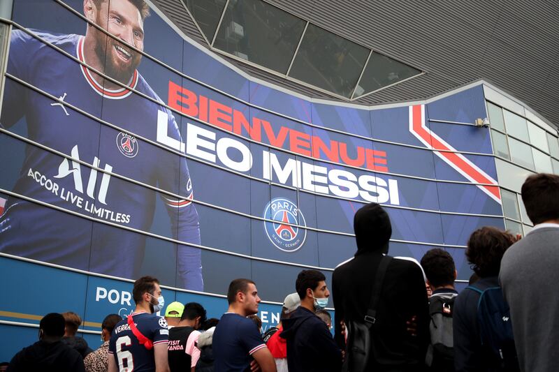 PSG fans gather for the official presentation of Argentina striker Lionel Messi at the Parc des Princes.