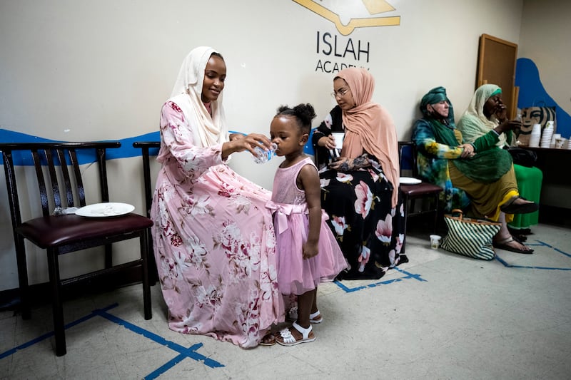 Believers gather and celebrate Eid Al Adha at the Islah Academy, an Islamic school in Los Angeles. EPA
