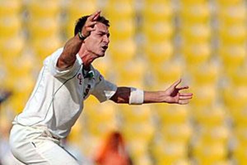 Dale Steyn celebrates the wicket of Virender Sehwag in India's second innings on day three of the first Test.