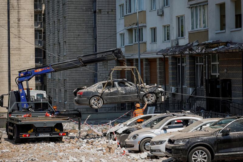 Cars destroyed during a Russian drone strike on Monday. Reuters