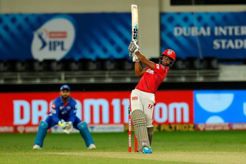 Nicholas Pooran of Kings XI Punjab hit the sixes during match 38 of season 13 of the Dream 11 Indian Premier League (IPL) between the Kings XI Punjab and the Delhi Capitals held at the Dubai International Cricket Stadium, Dubai in the United Arab Emirates on the 20th October 2020.  Photo by: Saikat Das  / Sportzpics for BCCI