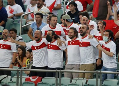 Soccer Football - Euro 2020 - Group A - Turkey v Wales - Baku Olympic Stadium, Baku, Azerbaijan - June 16, 2021 Turkey fans in the stands Pool via REUTERS/Valentyn Ogirenko