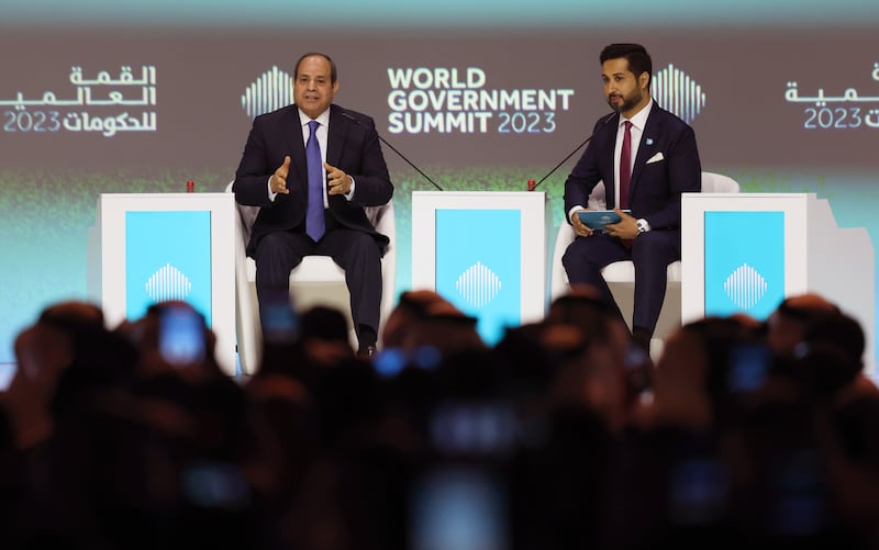 Sky News Arabia's media relations director Faisal bin Huraiz sits alongside Mr El Sisi at the summit. EPA