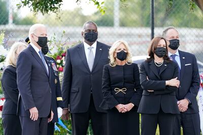 Dr JIll Biden with her husband, US President Joe Biden, at the National 9/11 Pentagon Memorial site on September 11, with Secretary of Defence Lloyd Austin, Vice President Kamala Harris and her husband Douglas Emhoff. AP