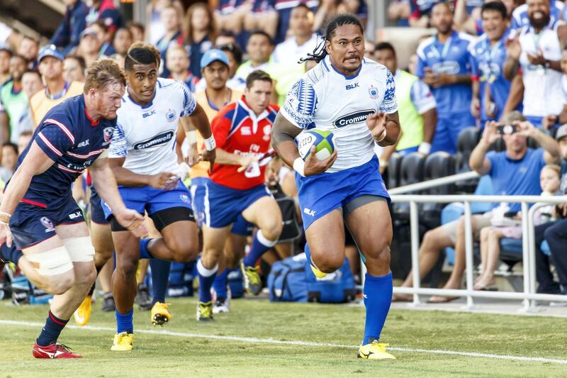 July 18, 2015: Manu Samoa Left wing Alesana Tuilagi (C) (11) at speed during the first half of the Pacific Nations Cup test match between Manu Samoa and the USA Eagles at Avaya Stadium in San Jose CA. Final score: Samoa 21, USA 16. (Photo by Allan Hamilton/Icon Sportswire/Corbis/Icon Sportswire via Getty Images)