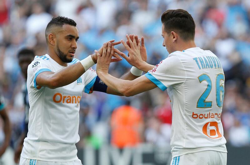 Soccer Football - Ligue 1 - Olympique de Marseille vs LOSC Lille - Orange Velodrome, Marseille, France - April 21, 2018   Marseille's Florian Thauvin celebrates scoring their second goal with Dimitri Payet    REUTERS/Philippe Laurenson