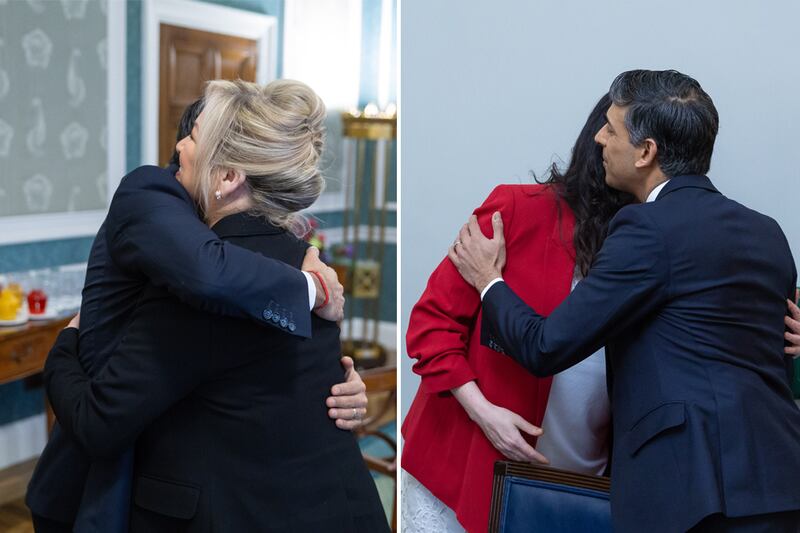 British Prime Minister Rishi Sunak embraces a new era in Northern Ireland meeting with Michelle O'Neill and Emma Little-Pengelly, the new leaders of the devolved administration.