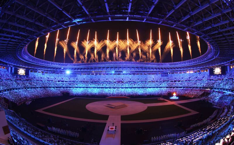 Fireworks over the Olympic Stadium during the closing ceremony of the Tokyo 2020 Olympic Games.