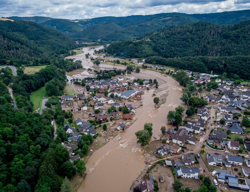 The Ahr river meanders past destroyed houses in Insul, Germany. The western valley was devastated by flooding in mid-July. Heavy rainfall turned small streams into raging torrents, sweeping away houses, bridges and cars.  AP