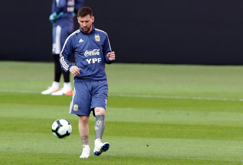 Lionel Messi takes part in a training session ahead of Argentina's Copa America match against Qatar. AP Photo