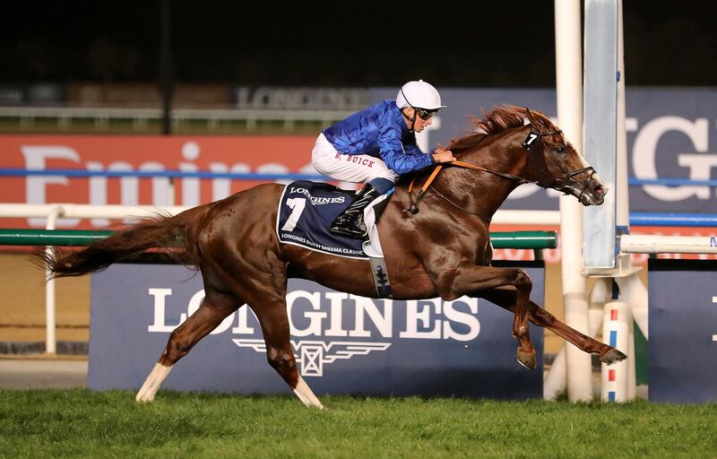 DUBAI , UNITED ARAB EMIRATES , MARCH 31  – 2018 :- Hawkbill  (USA ) ridden by William Buick   (no 7   ) won the 8th horse race Longines Dubai Sheema Classic 2410m turf during the Dubai World Cup held at Meydan Racecourse in Dubai. ( Pawan Singh / The National ) For News/Sports. Story by Amith