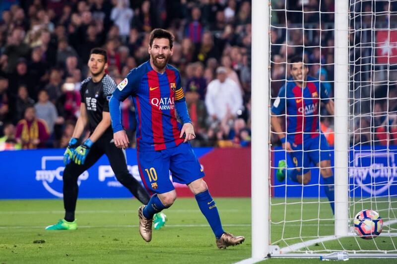 Lionel Messi of Barcelona scores his team’s second goal during the Primera Liga match against Real Sociedad at Camp Nou on April 15, 2017 in Barcelona, Spain. Barcelona won thematch 3-2. Alex Caparros / Getty Images