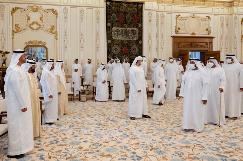 Sheikh Mohamed bin Zayed, Crown Prince of Abu Dhabi and Deputy Supreme Commander of the Armed Forces greets a guest during a Sea Palace barza. Seen with Sheikh Tahnoun bin Mohamed, Ruler's Representative in Al Ain Region; Sheikh Hamdan bin Zayed, Ruler’s Representative in Al Dhafra Region; and Sheikh Nahyan bin Mubarak, Minister of Tolerance and Coexistence.