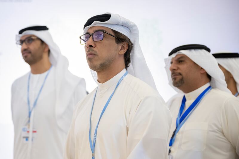 Sheikh Mansour, centre, visits the Bahrain Pavilion. With him is Dr Sultan Al Jaber, Minister of Industry and Advanced Technology, UAE Special Envoy for Climate Change and chairman of Masdar. Rashed Al Mansoori / UAE Presidential Court 