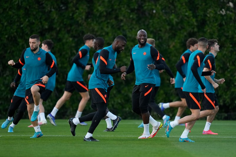 Chelsea players take part in a training session in Abu Dhabi on Friday ahead of the Fifa Club World Cup final against Palmeiras. AP