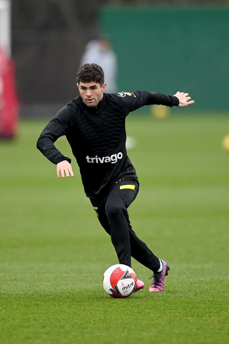 Christian Pulisic of Chelsea during a training session at Chelsea Training Ground in Cobham, England. 