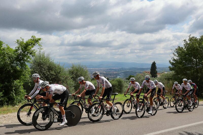 Tadej Pogacar leads UAE Team Emirates during a training session in Florence. AFP