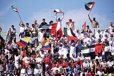 UAE fans mingle with supporters from Colombia during the match between the two in Bologna, Italy, on June 9, 1990. Colombia won the match 2-0. Bob Thomas / Getty Images